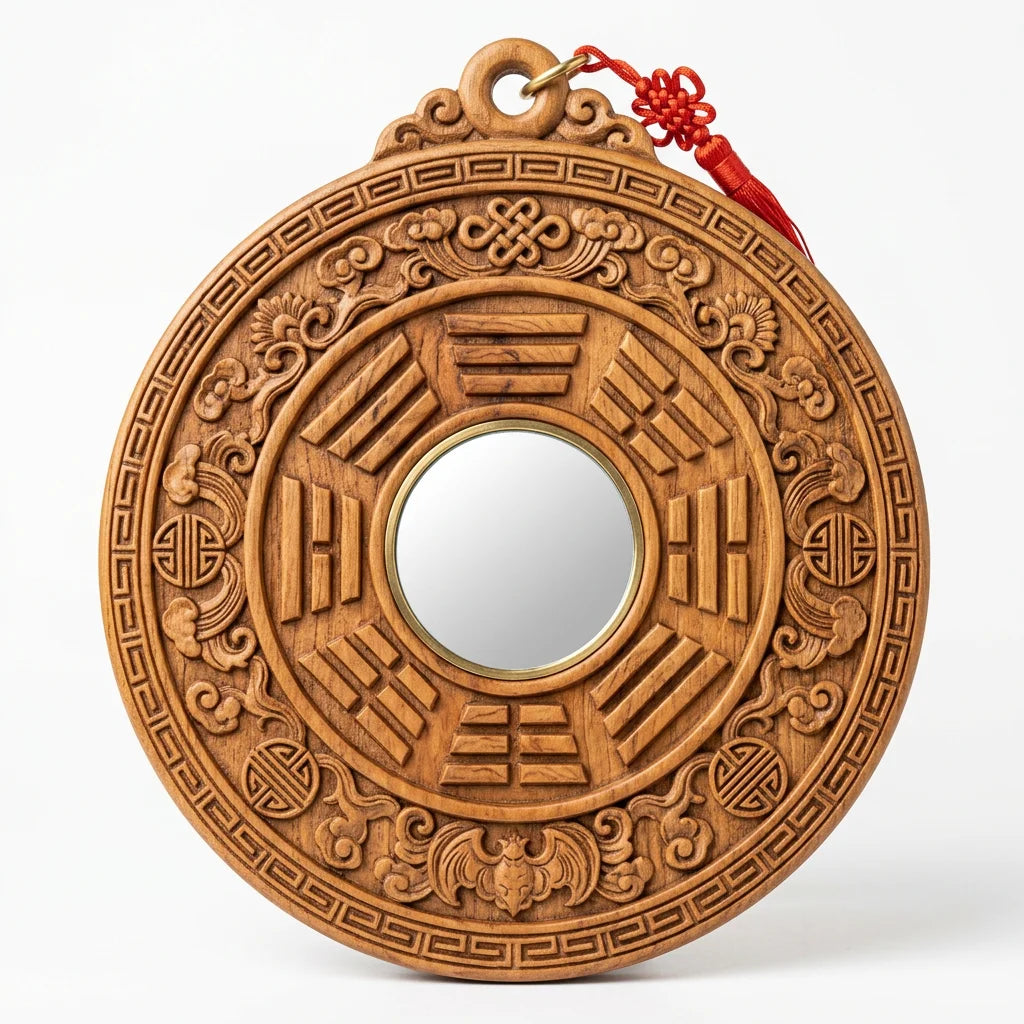 Hand-Carved Peach Wood Bagua Mirror - Geometric Order